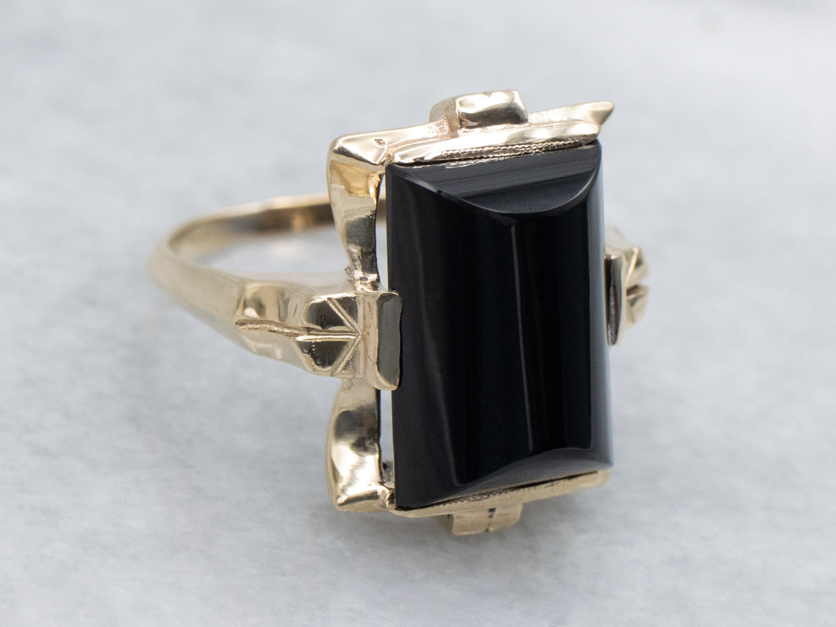 Victorian Revival 10K Gold Black Onyx Cabochon Ring