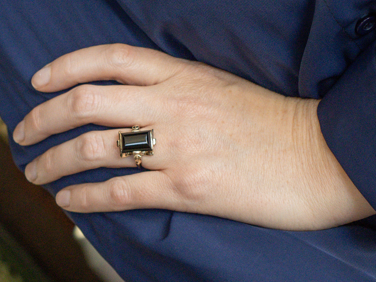 Victorian Revival 10K Gold Black Onyx Cabochon Ring