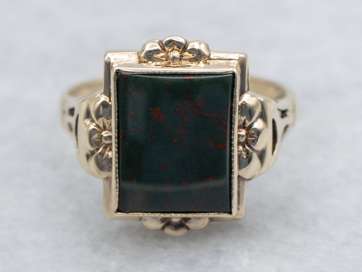 1940s Floral Yellow Gold Solitaire Ring with Bloodstone Center