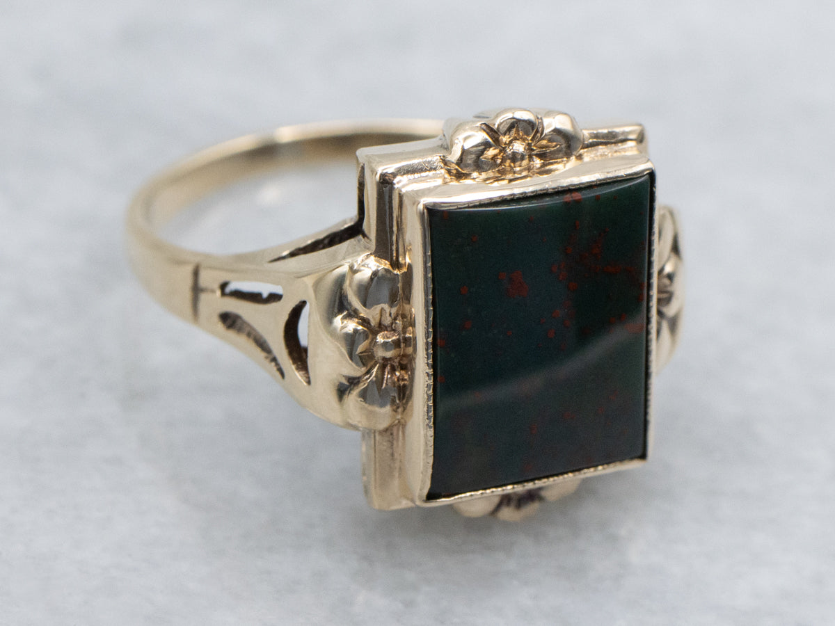 1940s Floral Yellow Gold Solitaire Ring with Bloodstone Center