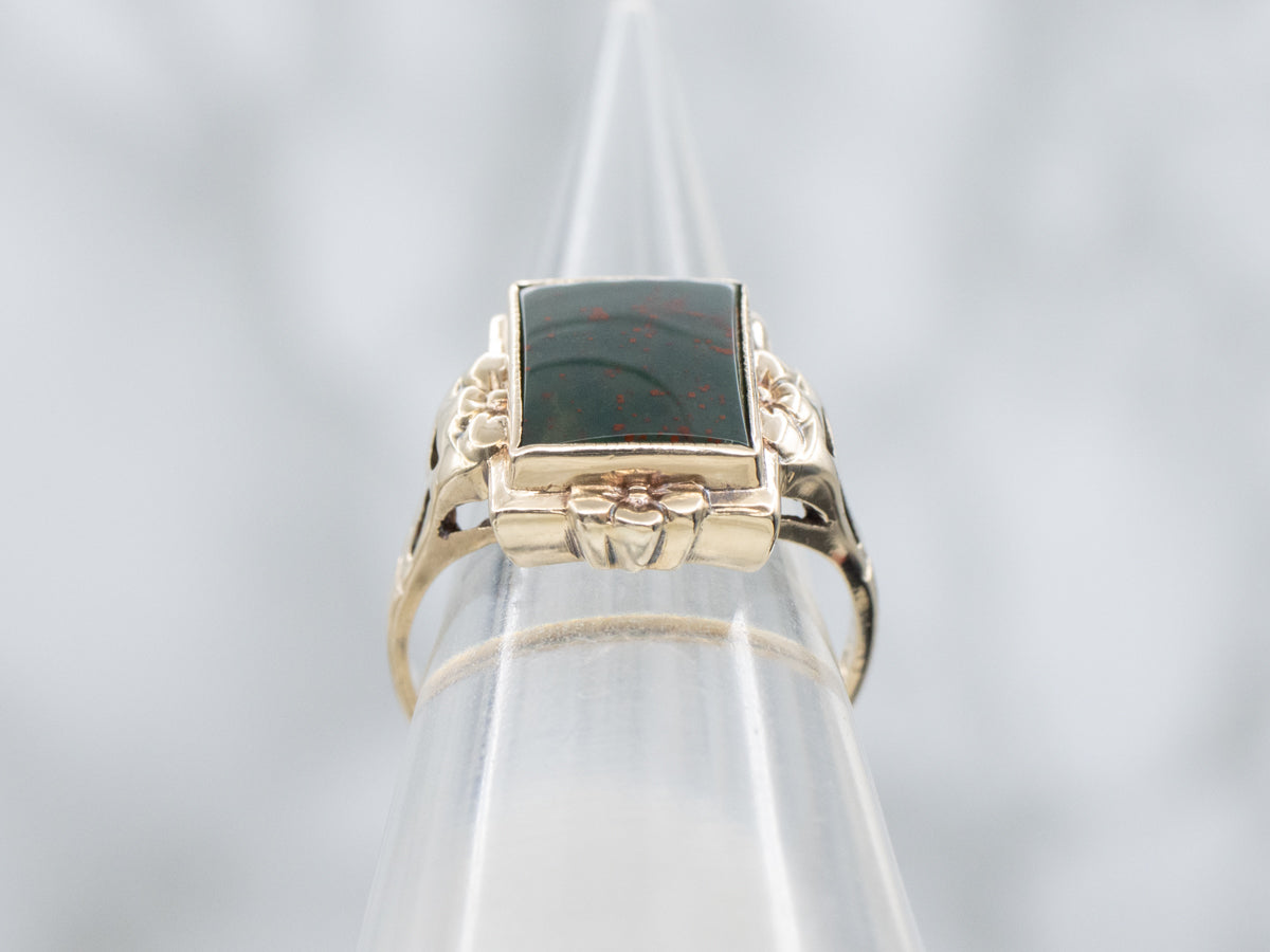 1940s Floral Yellow Gold Solitaire Ring with Bloodstone Center