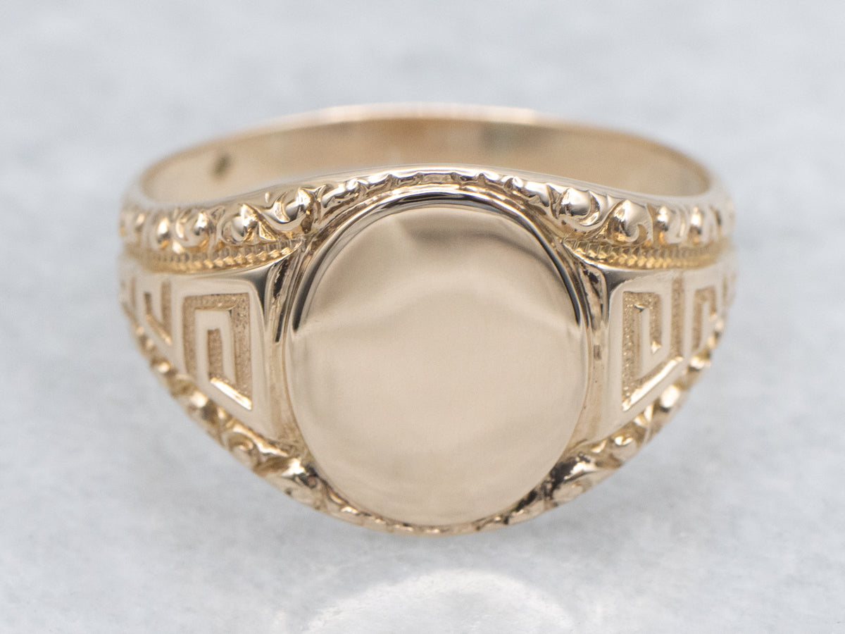 Unisex Greek Key Patterned Yellow Gold Signet Ring