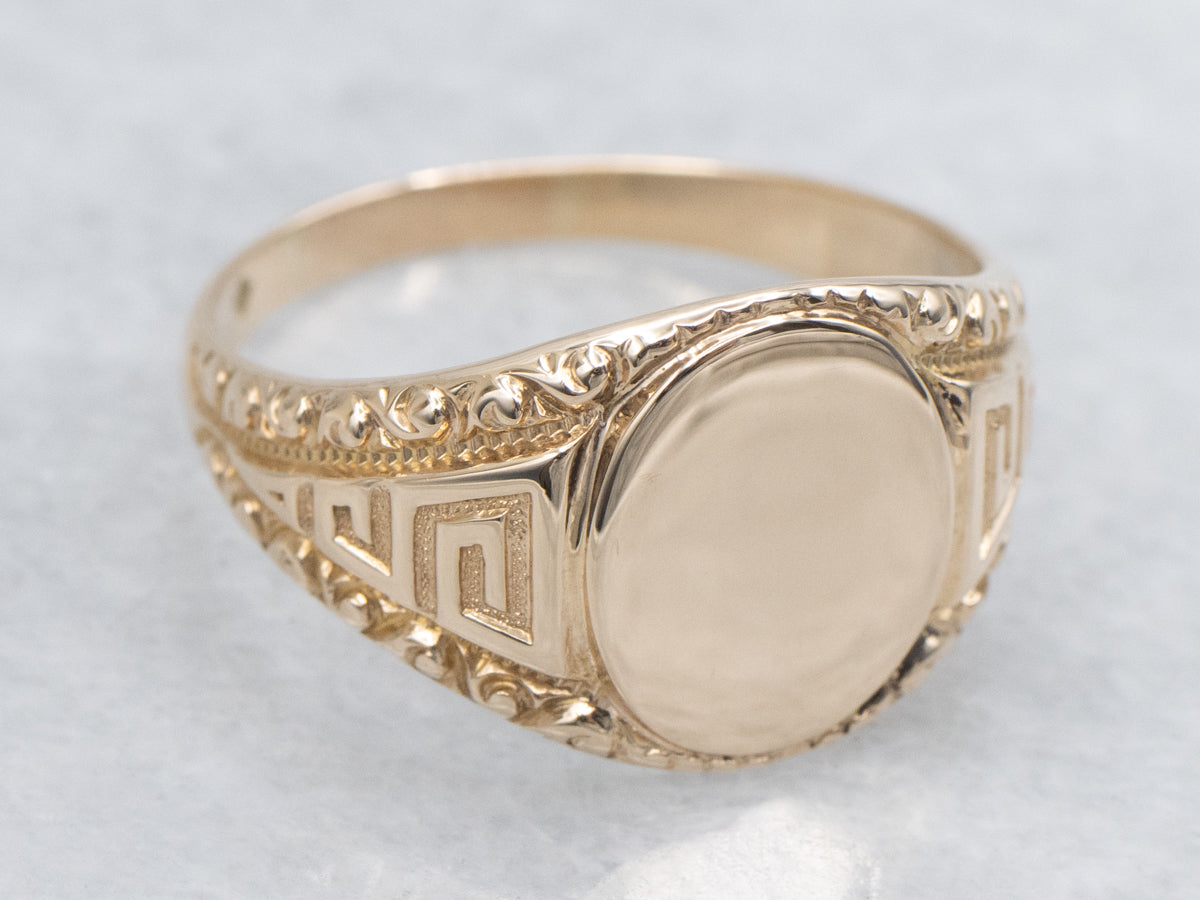 Unisex Greek Key Patterned Yellow Gold Signet Ring