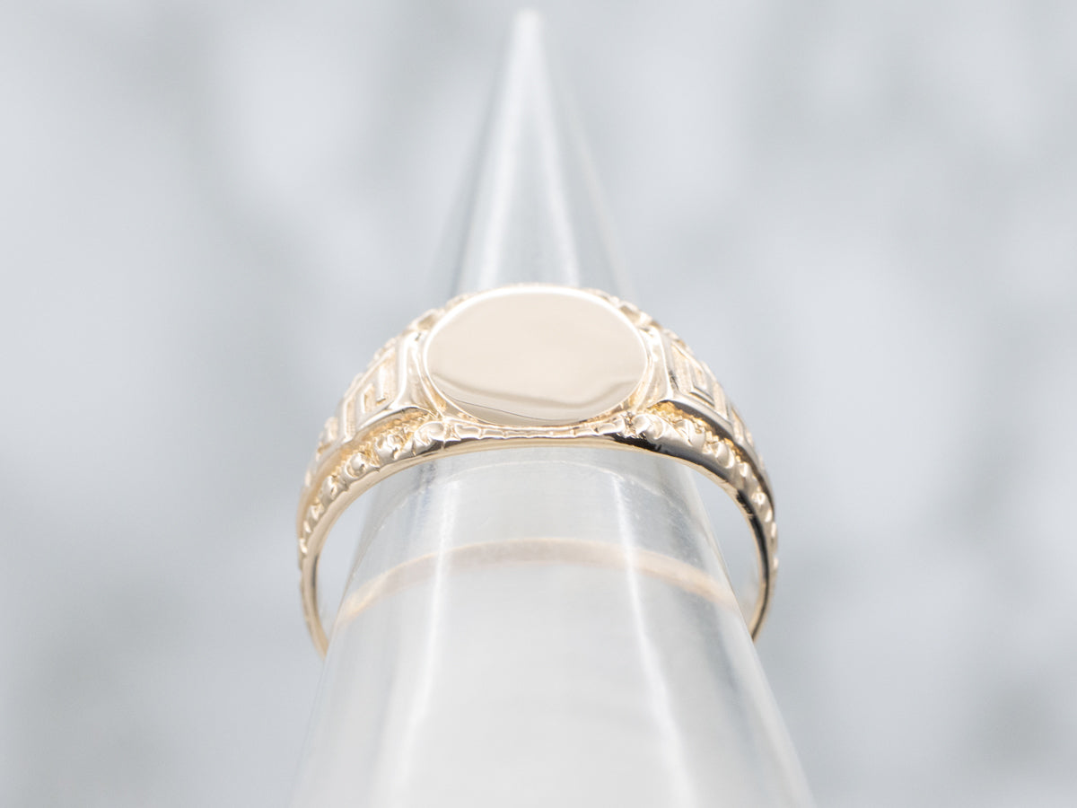 Unisex Greek Key Patterned Yellow Gold Signet Ring