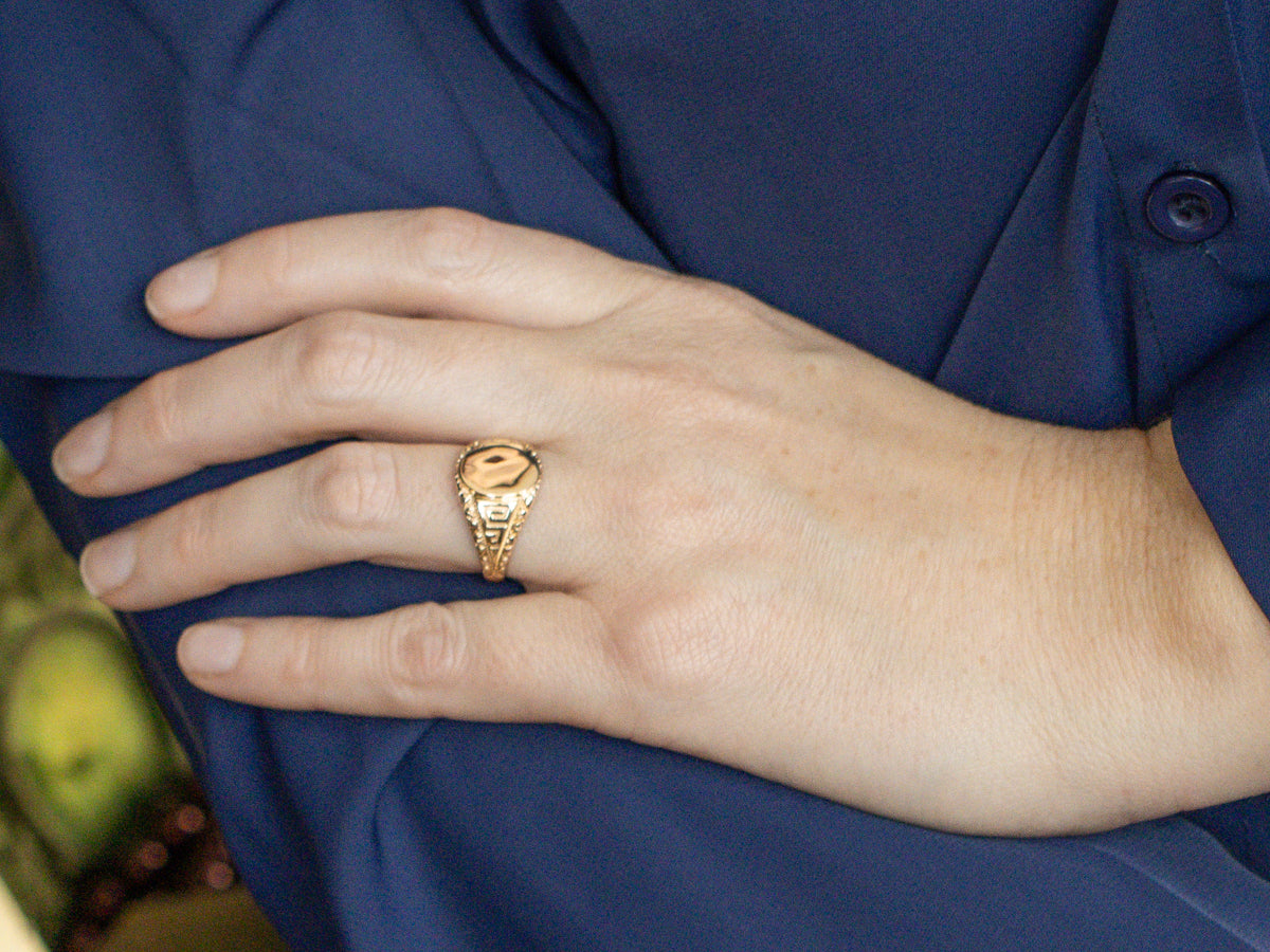 Unisex Greek Key Patterned Yellow Gold Signet Ring