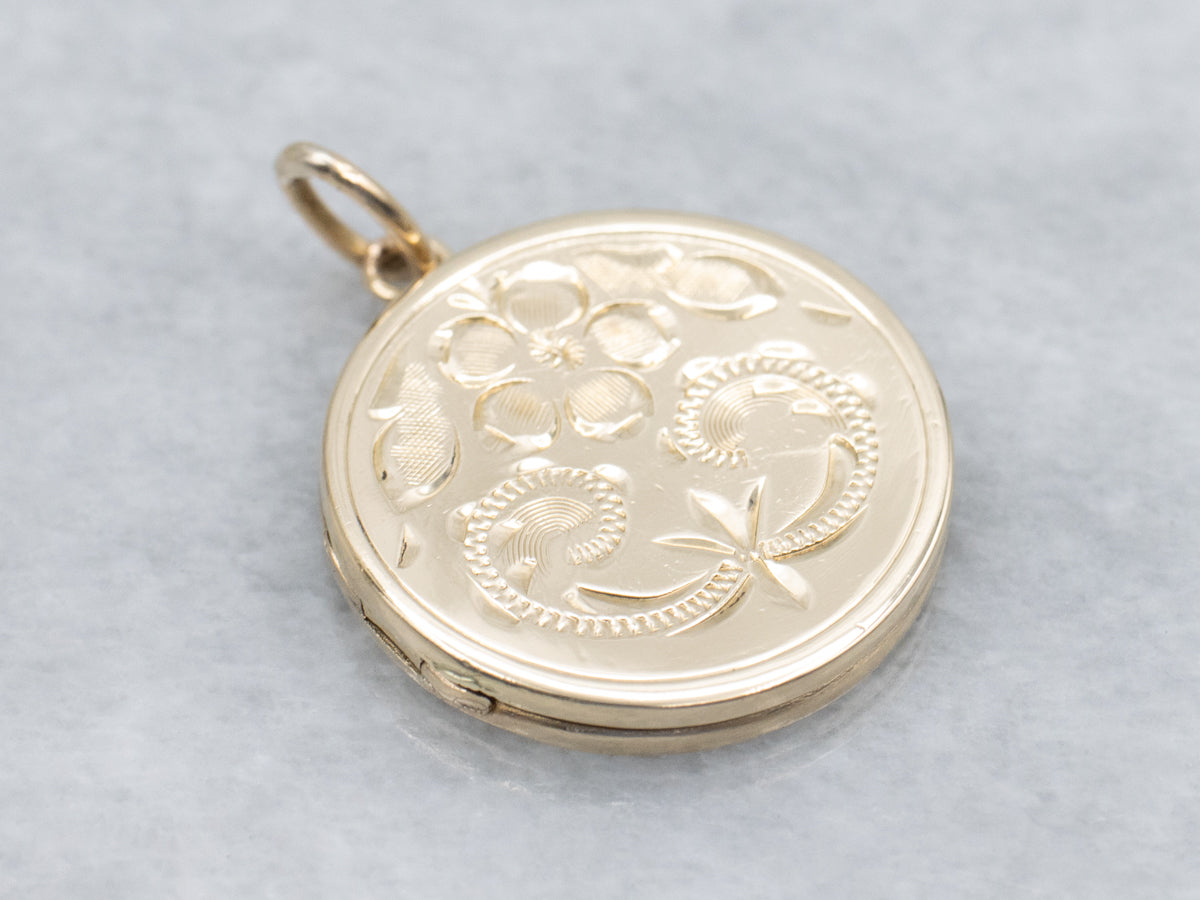 Vintage 14-Karat Yellow Gold Engraved Floral Circle Locket