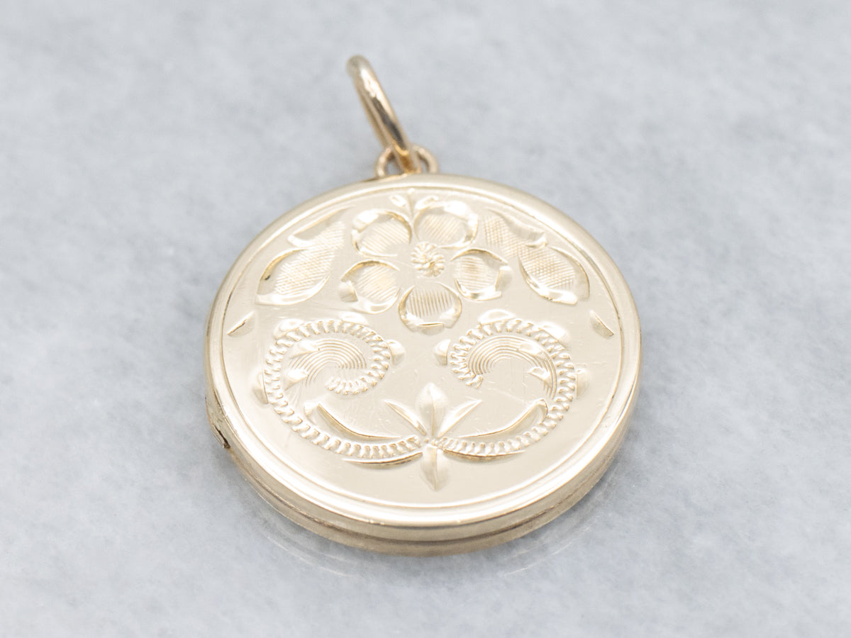 Vintage 14-Karat Yellow Gold Engraved Floral Circle Locket