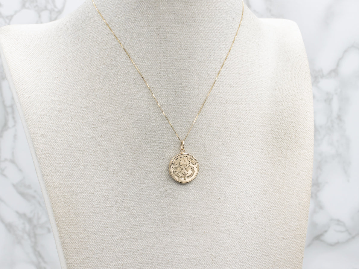 Vintage 14-Karat Yellow Gold Engraved Floral Circle Locket