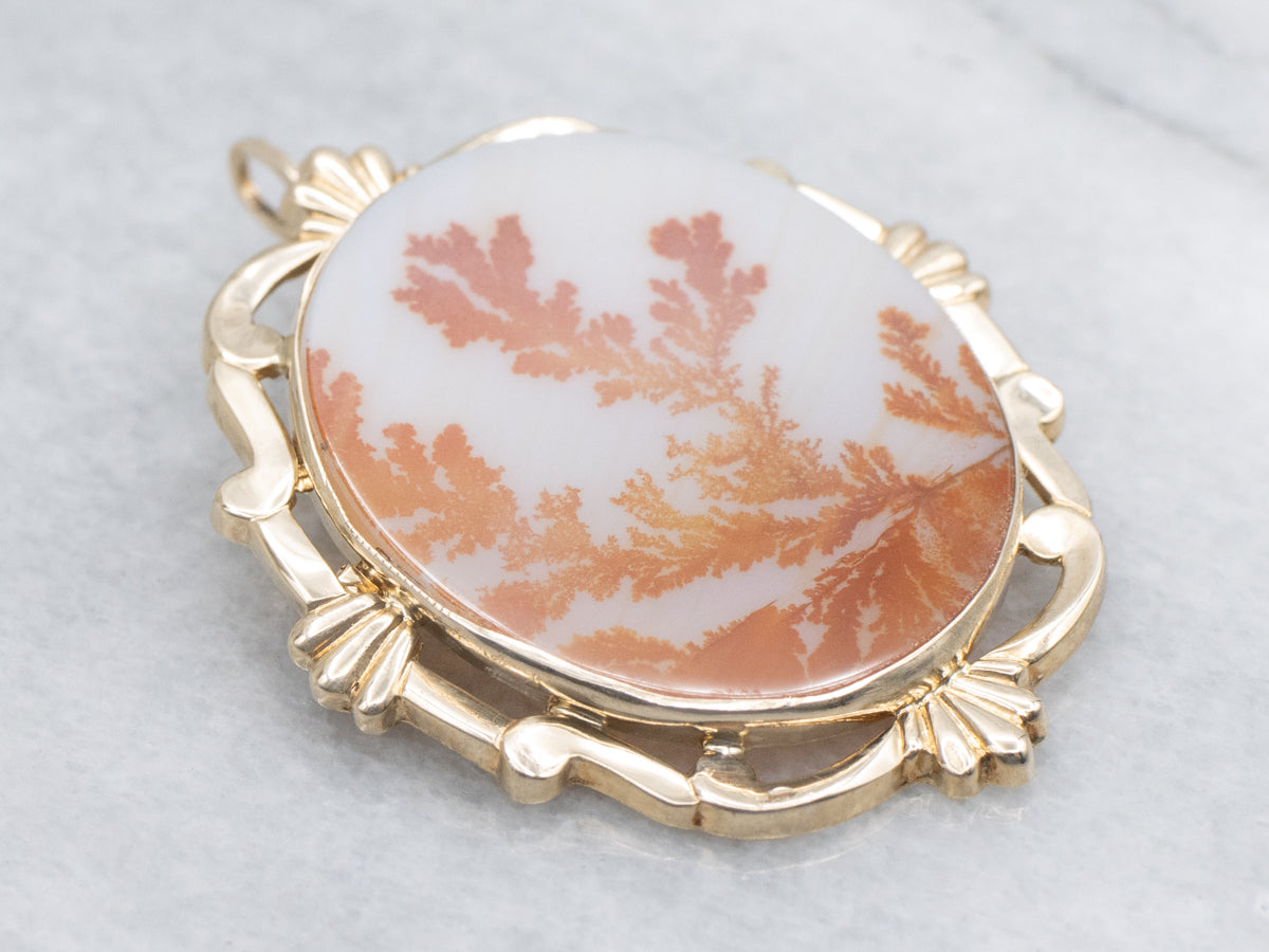 Mid-Century Dendritic Agate Yellow Gold Brooch or Pendant