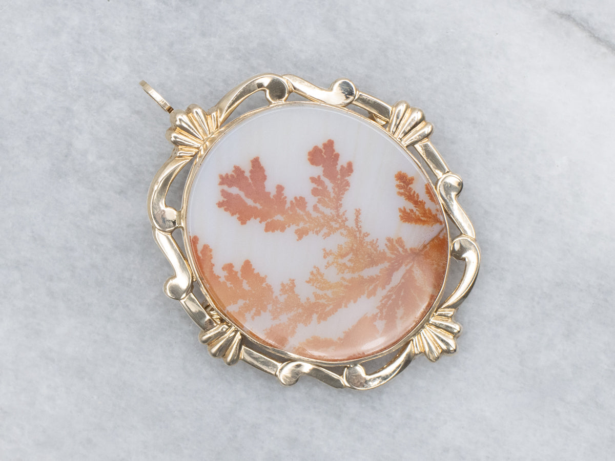 Mid-Century Dendritic Agate Yellow Gold Brooch or Pendant