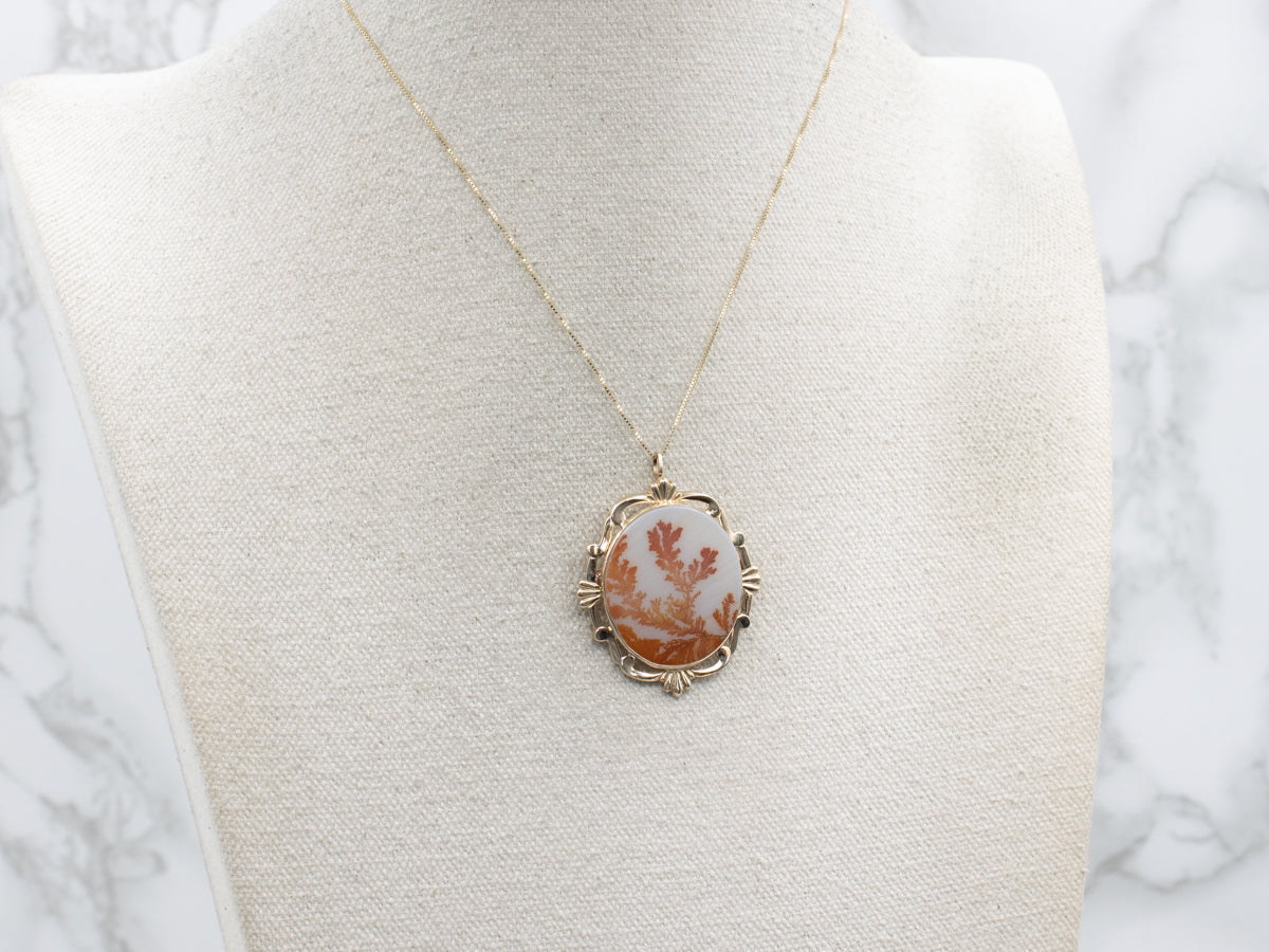 Mid-Century Dendritic Agate Yellow Gold Brooch or Pendant