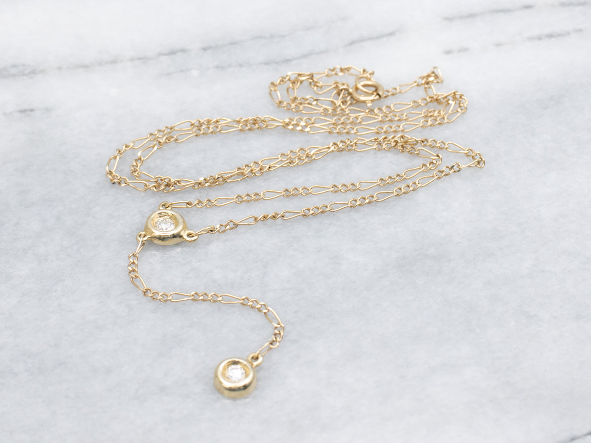 Diamond Drop Yellow Gold Figaro Link Lariat Necklace