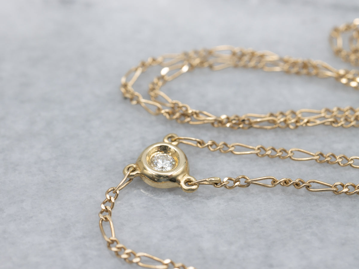 Diamond Drop Yellow Gold Figaro Link Lariat Necklace