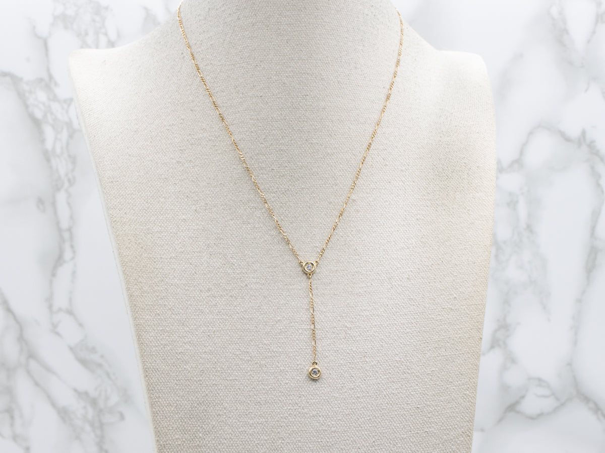 Diamond Drop Yellow Gold Figaro Link Lariat Necklace