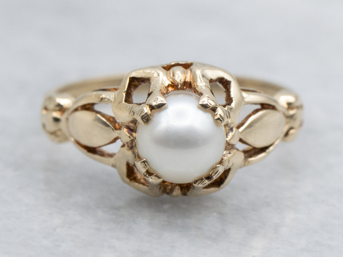 Vintage Solitaire Pearl Gold Ring with Pierced Shoulders