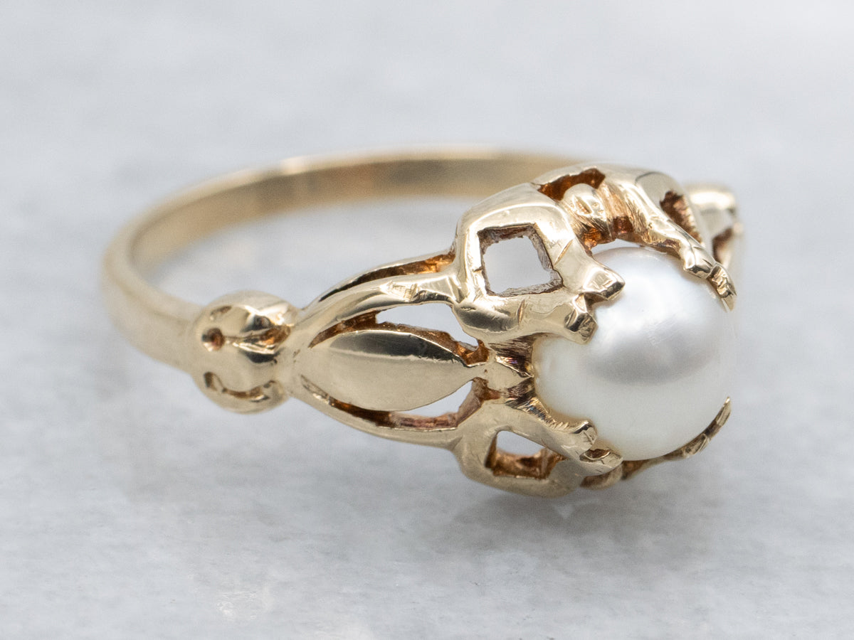Vintage Solitaire Pearl Gold Ring with Pierced Shoulders