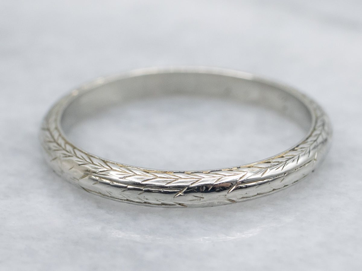 Hand-Engraved Wheat Patterned Vintage White Gold Band