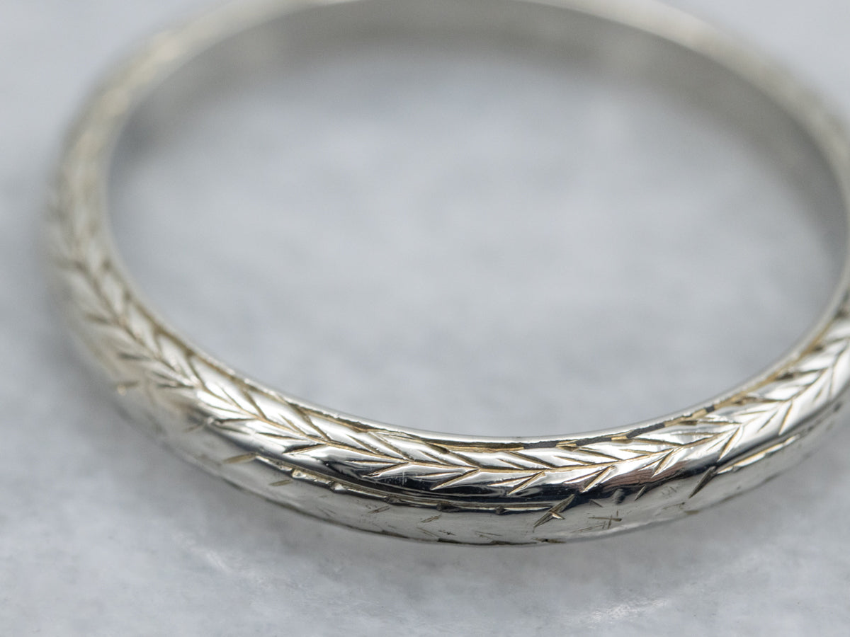 Hand-Engraved Wheat Patterned Vintage White Gold Band