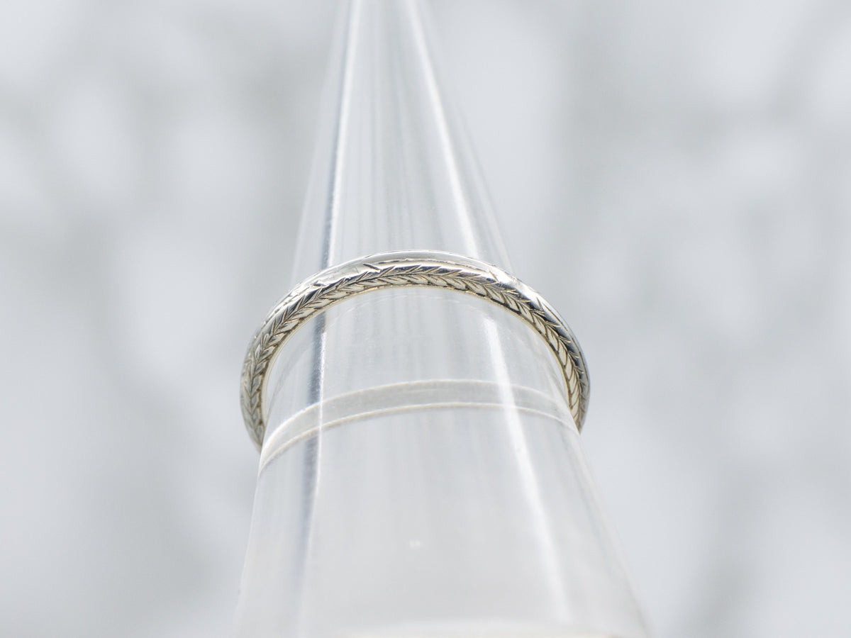 Hand-Engraved Wheat Patterned Vintage White Gold Band