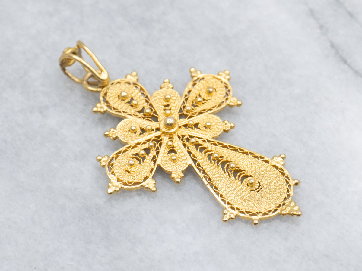 Ornate 18-Karat Gold Filigree Cross Pendant