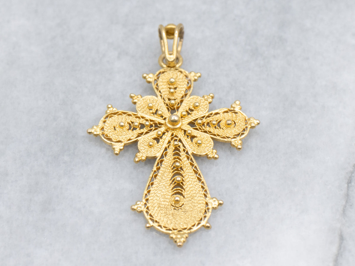 Ornate 18-Karat Gold Filigree Cross Pendant