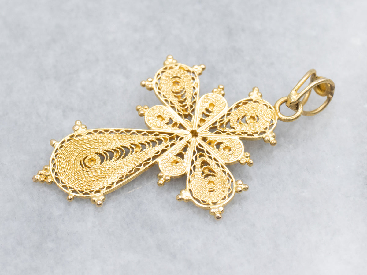Ornate 18-Karat Gold Filigree Cross Pendant