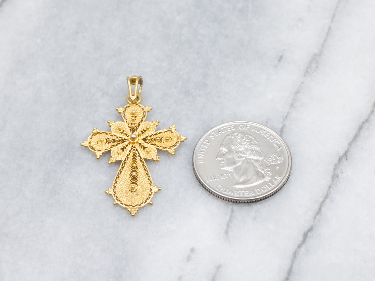 Ornate 18-Karat Gold Filigree Cross Pendant