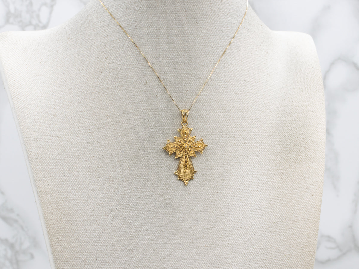 Ornate 18-Karat Gold Filigree Cross Pendant