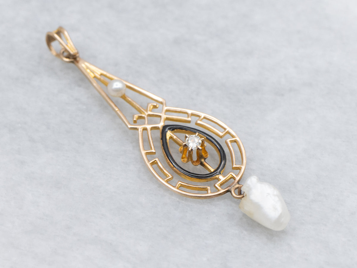 Antique Old Mine Cut Diamond and Natural Pearl and Gold Lavalier Pendant