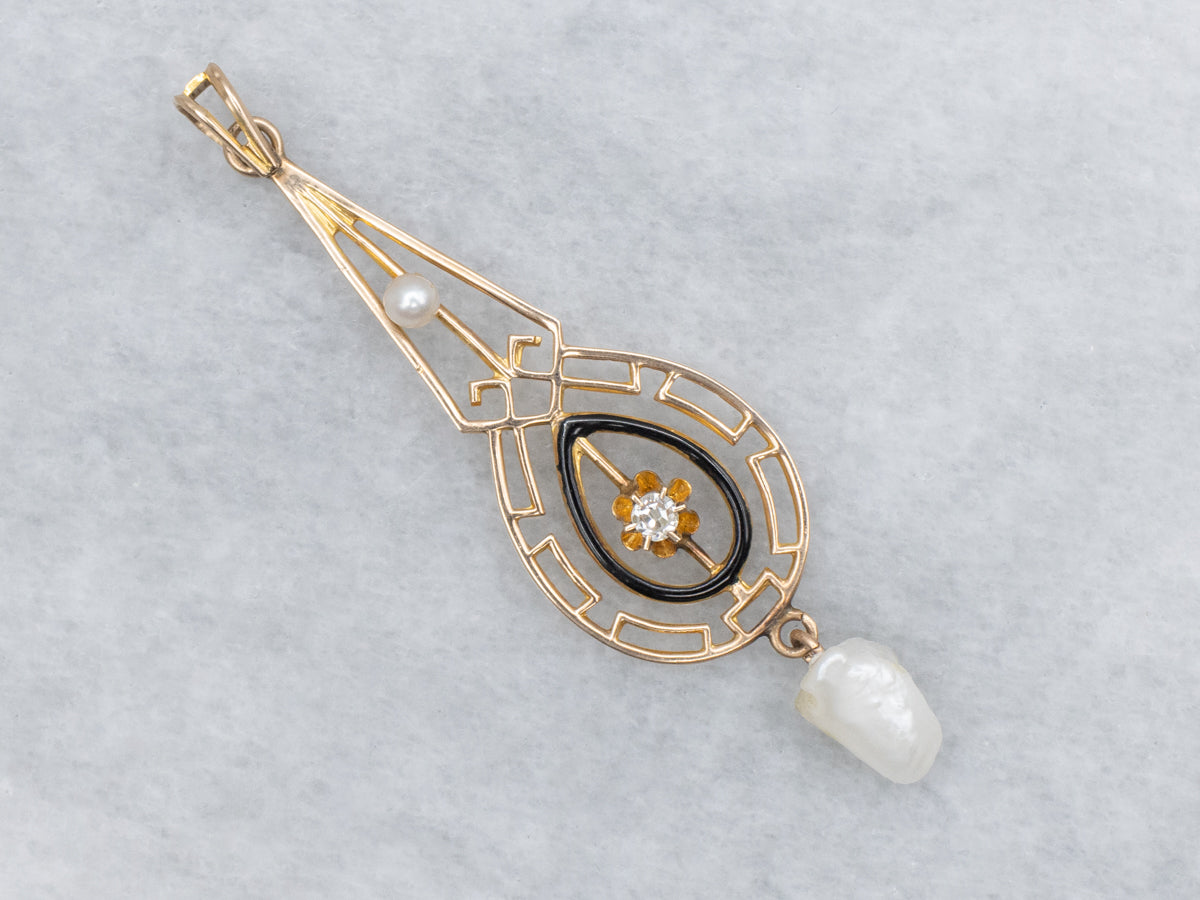 Antique Old Mine Cut Diamond and Natural Pearl and Gold Lavalier Pendant