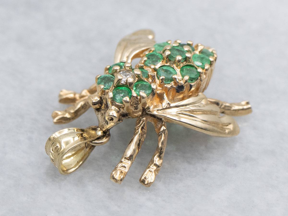 Sparkling Emerald and Diamond Yellow Gold Bug Pendant