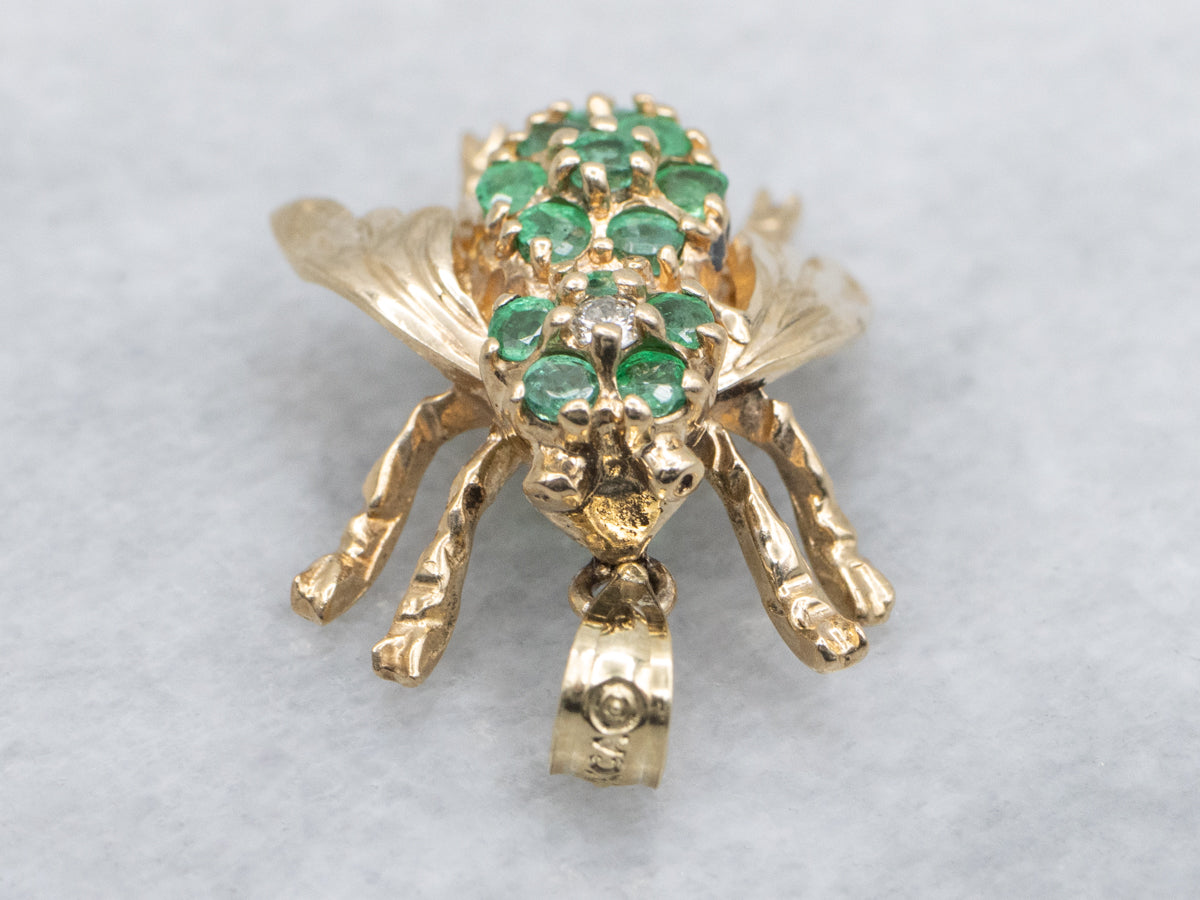 Sparkling Emerald and Diamond Yellow Gold Bug Pendant