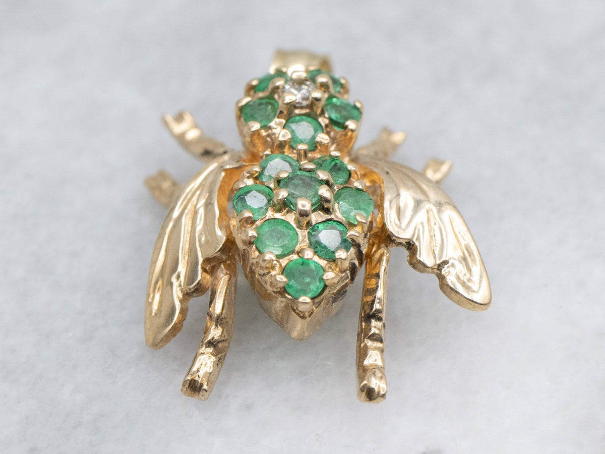 Sparkling Emerald and Diamond Yellow Gold Bug Pendant