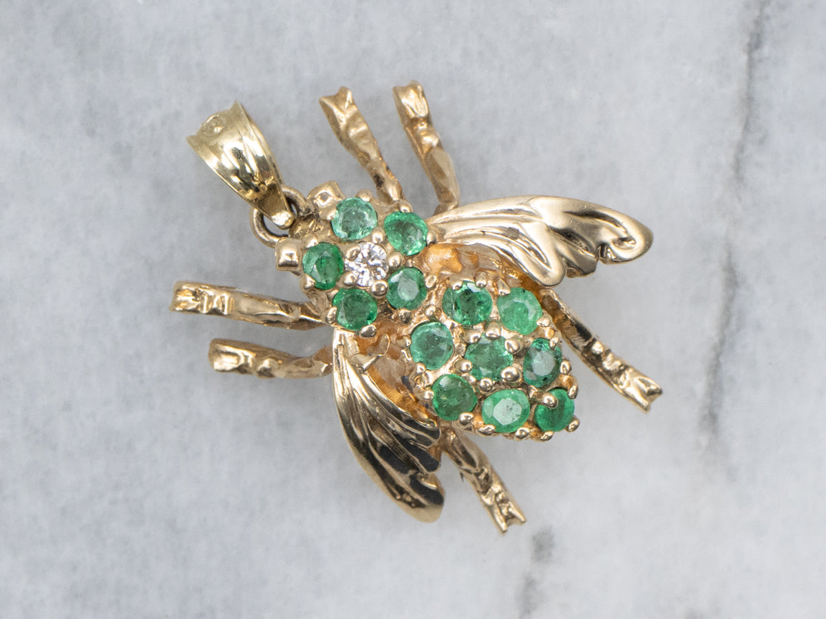 Sparkling Emerald and Diamond Yellow Gold Bug Pendant