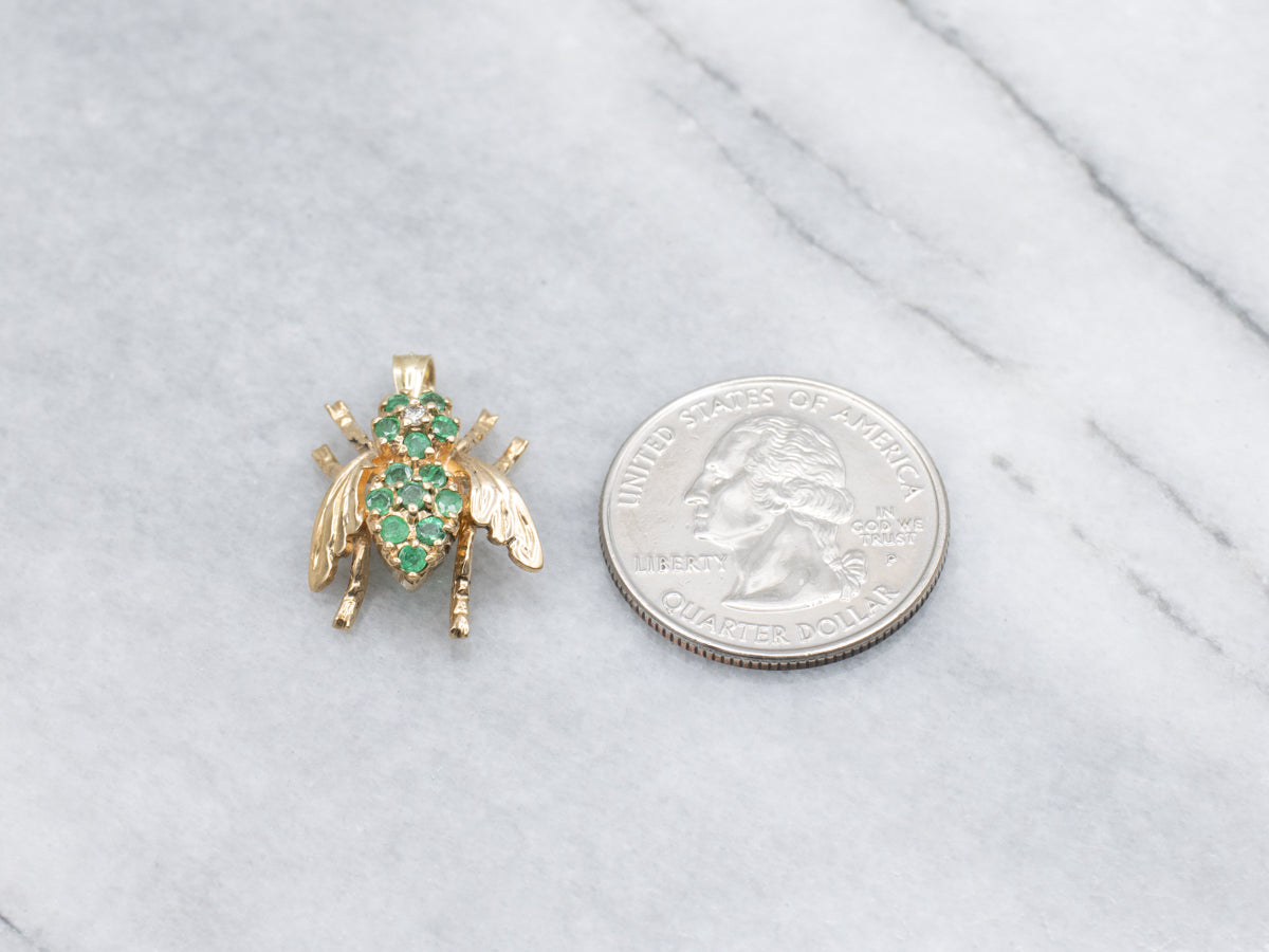 Sparkling Emerald and Diamond Yellow Gold Bug Pendant