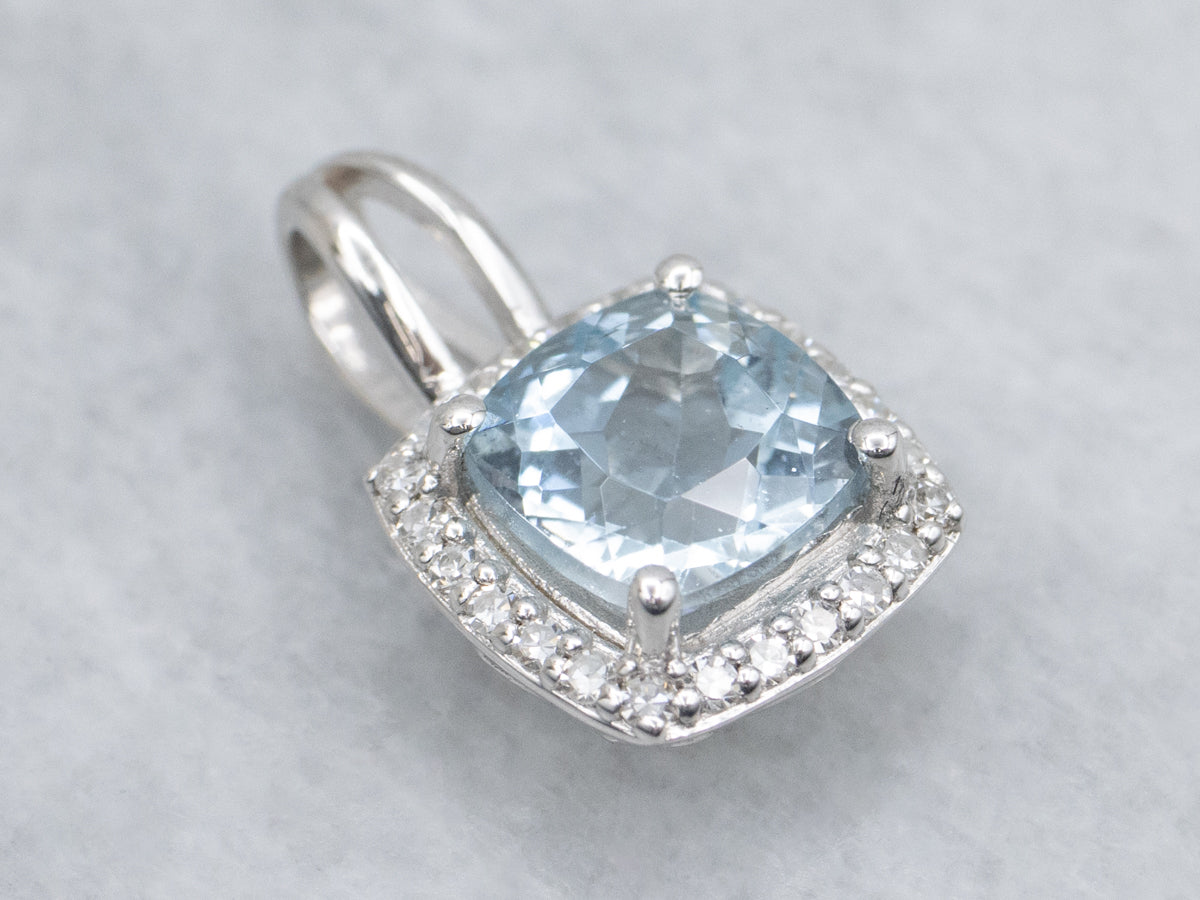 Modern Aquamarine and Diamond Halo Pendant