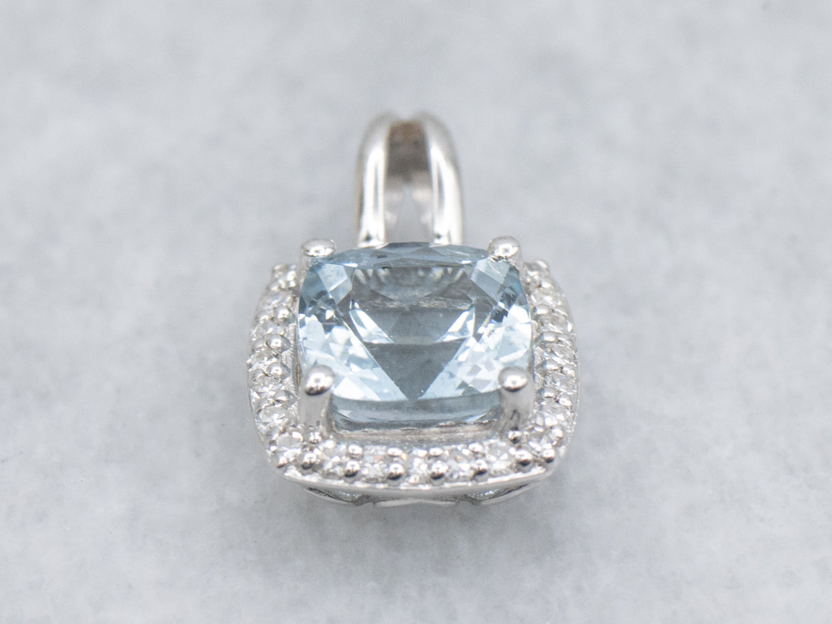 Modern Aquamarine and Diamond Halo Pendant