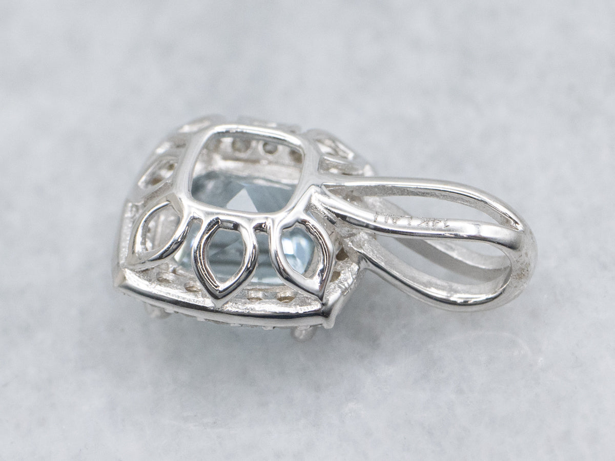 Modern Aquamarine and Diamond Halo Pendant
