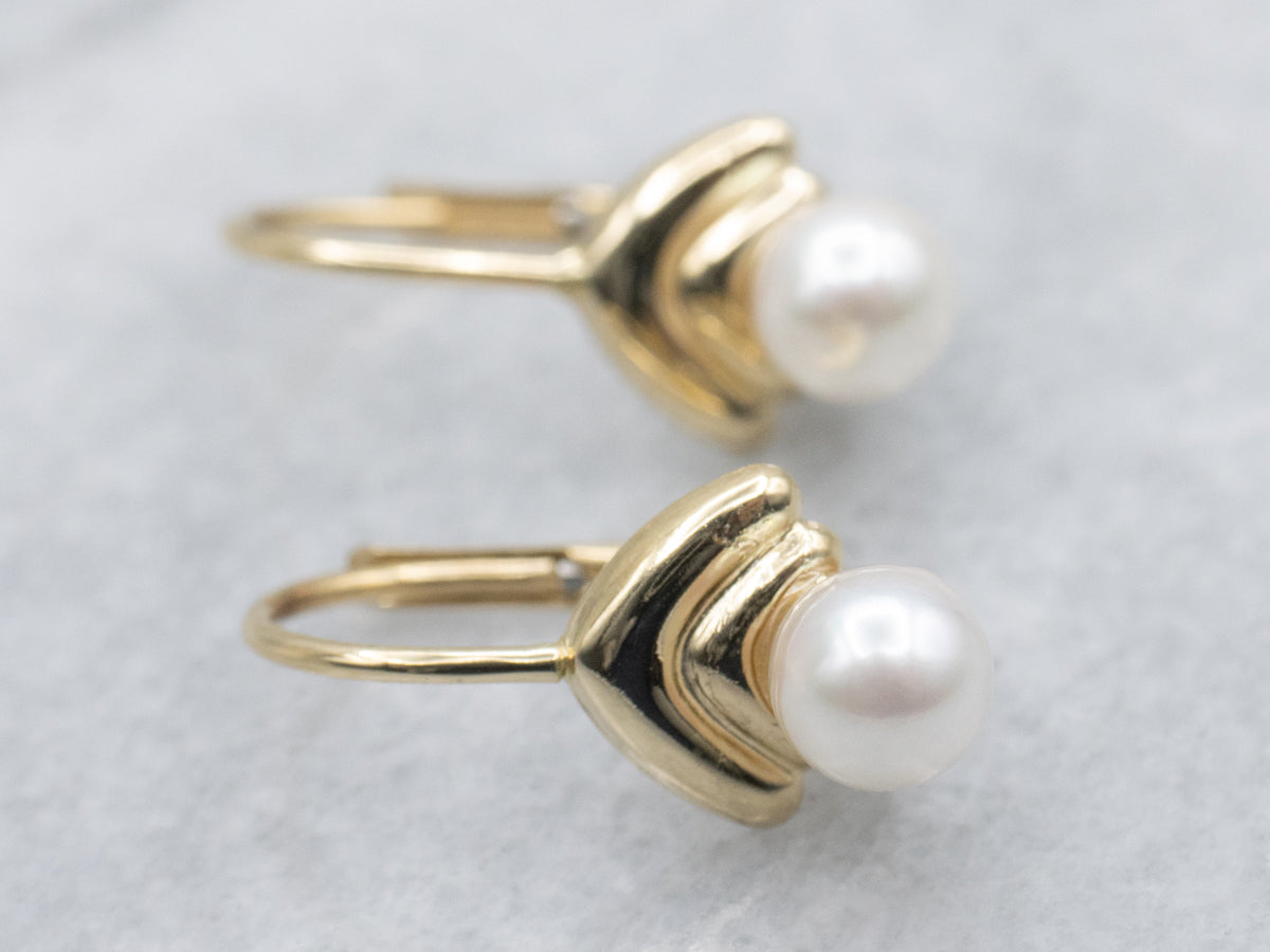Vintage Yellow Gold White Pearl Drop Earrings
