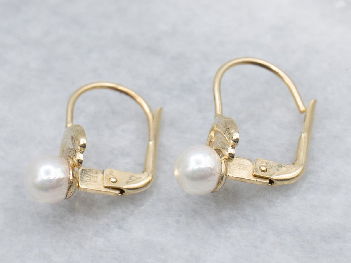 Vintage Yellow Gold White Pearl Drop Earrings