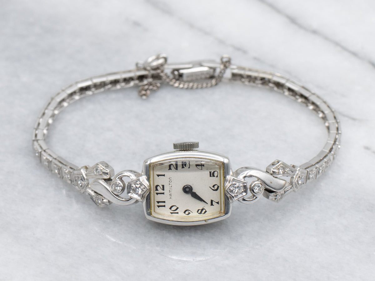 Vintage Diamond Hamilton White Gold Ladies Wrist Watch with Platinum Band