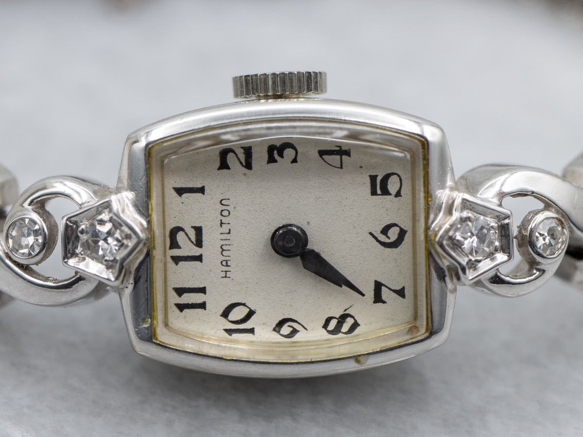 Vintage Diamond Hamilton White Gold Ladies Wrist Watch with Platinum Band