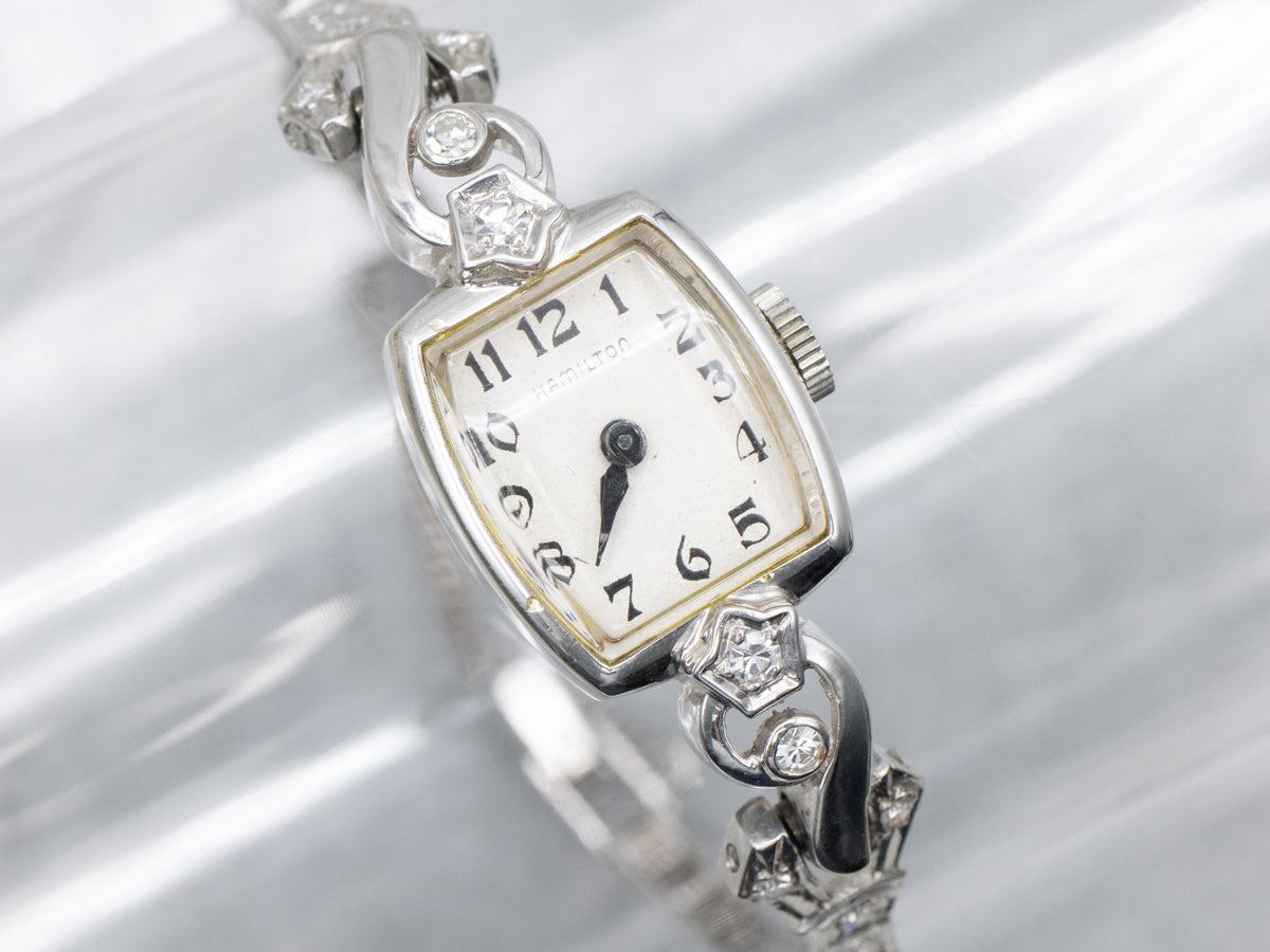 Vintage Diamond Hamilton White Gold Ladies Wrist Watch with Platinum Band