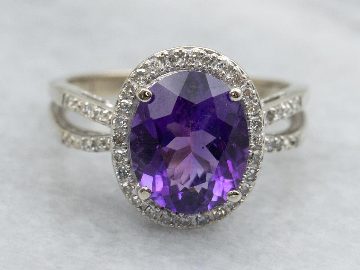 Modern Amethyst and Diamond White Gold Halo Ring