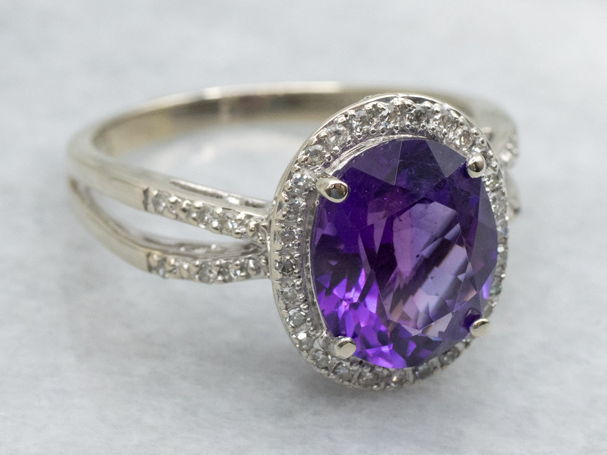 Modern Amethyst and Diamond White Gold Halo Ring