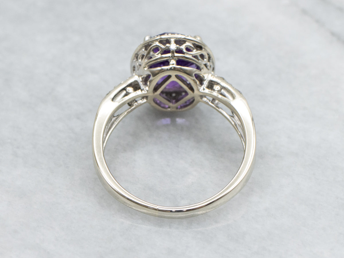 Modern Amethyst and Diamond White Gold Halo Ring