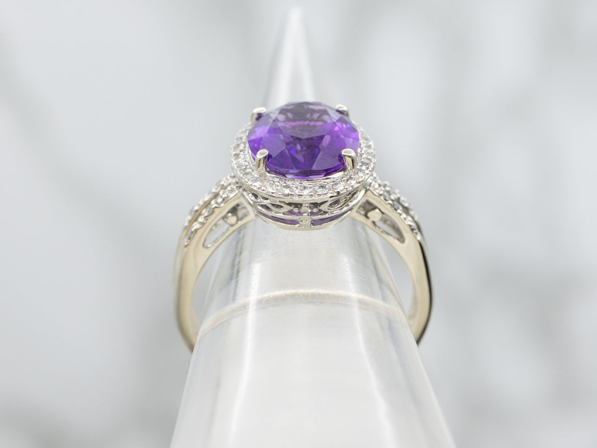 Modern Amethyst and Diamond White Gold Halo Ring