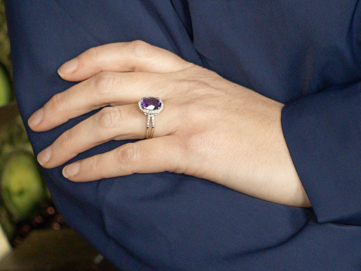 Modern Amethyst and Diamond White Gold Halo Ring