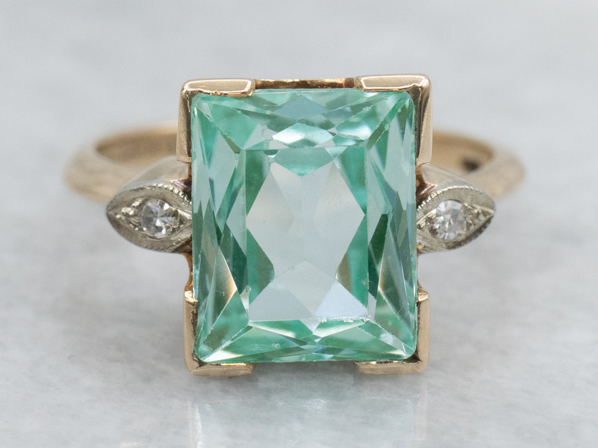 Teal-Hued Synthetic Spinel and Diamond Retro-Era Ring