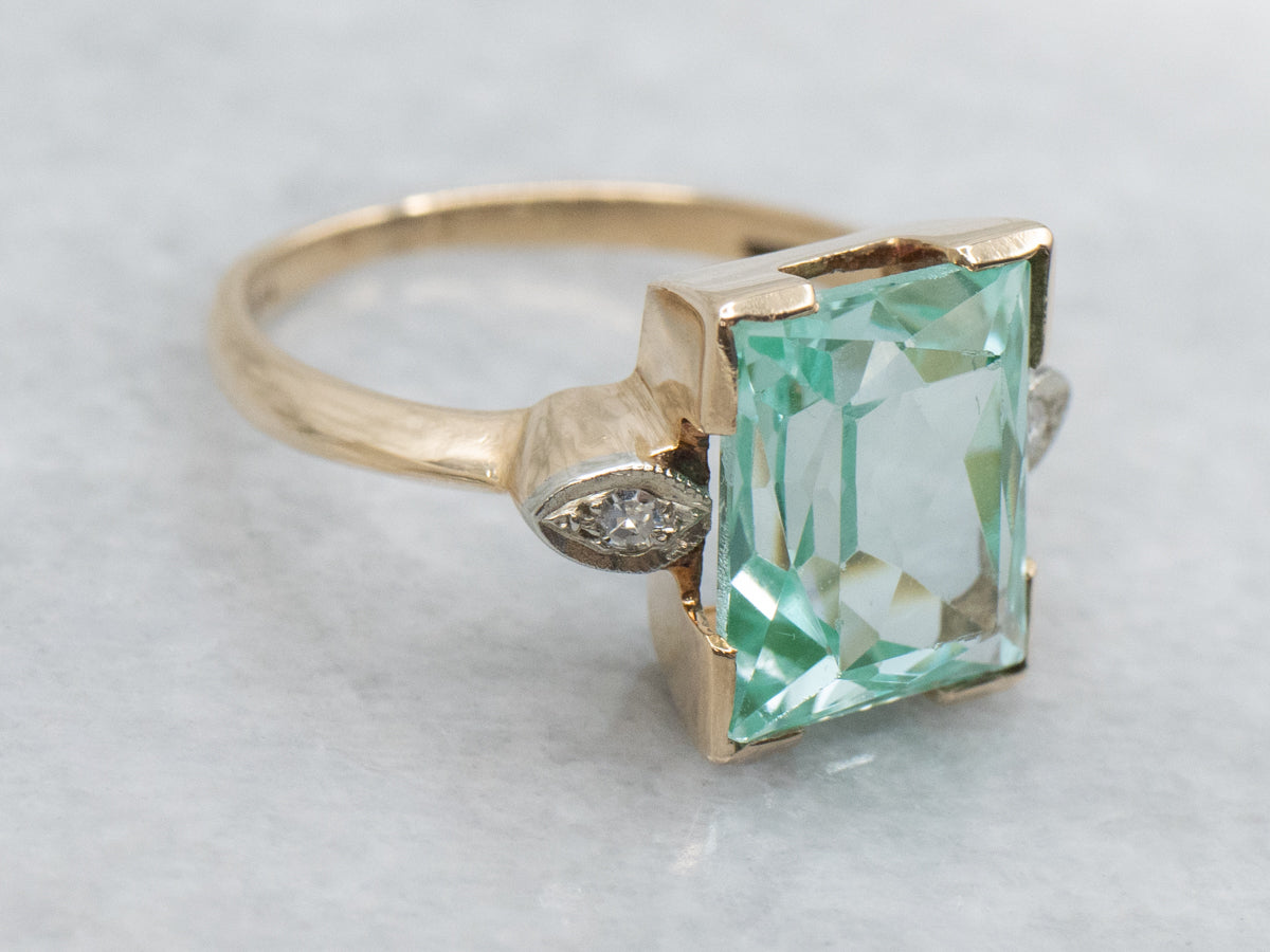 Teal-Hued Synthetic Spinel and Diamond Retro-Era Ring